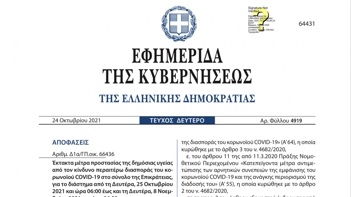 ΦΕΚ έκτακτα μέτρα προστασίας απο 25/10-8/11/2021