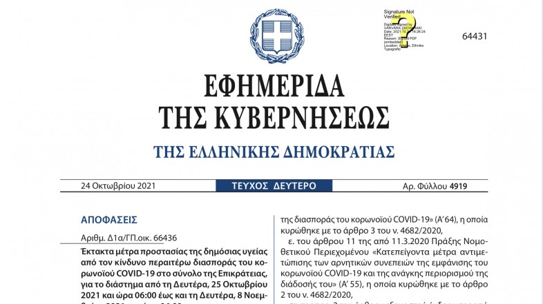 ΦΕΚ έκτακτα μέτρα προστασίας απο 25/10-8/11/2021