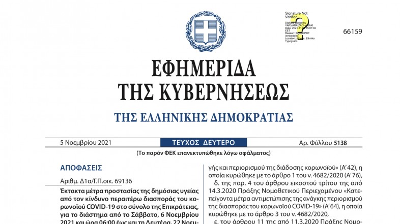 ΦΕΚ με ισχύ από 6/11/-22/11/2021