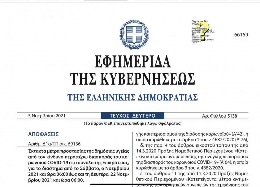 ΦΕΚ με ισχύ από 6/11/-22/11/2021